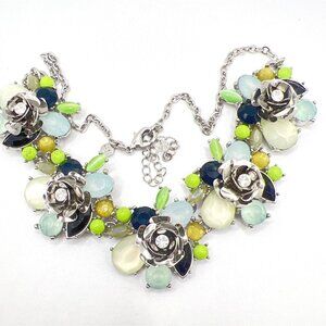 Loft Ann Taylor Statement Necklace Bibb  Frosted Faceted Crystals Silver Tone 16